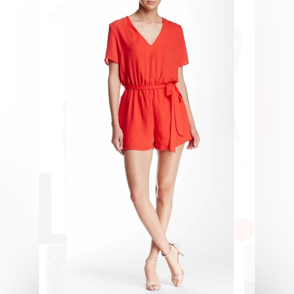 Charles Henry Red Jumpsuit with V-Neck and Tie Waist
